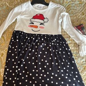 White and Navy Blue Dress with Snowman Print and Polka Dots
